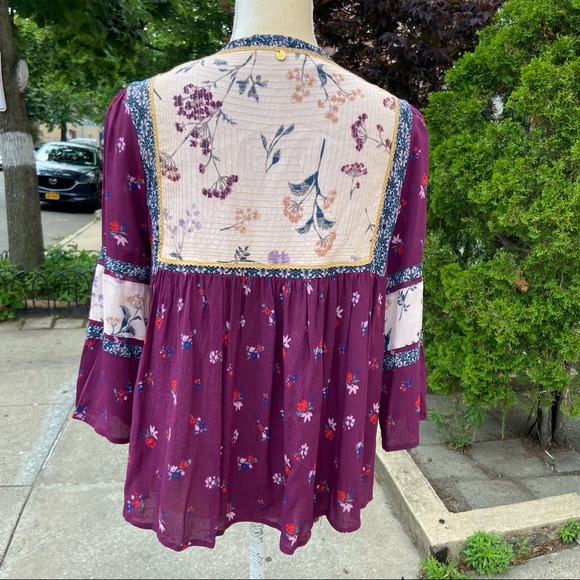 ANTIK BATIK Paris Anthropologie Floral Peasant Blouse Patchwork BOHO Purple Top - Picture 2 of 7
